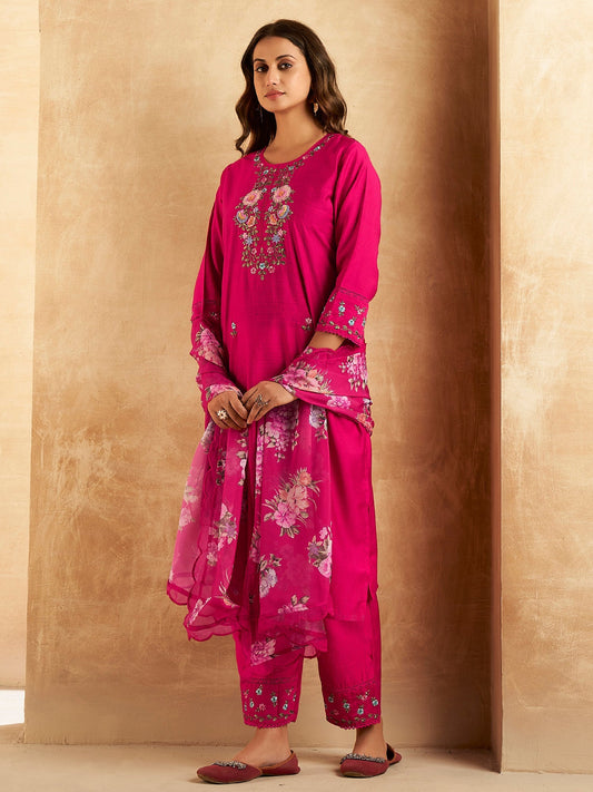 Magenta Embroidered Straight Kurta Trousers With Dupatta Set