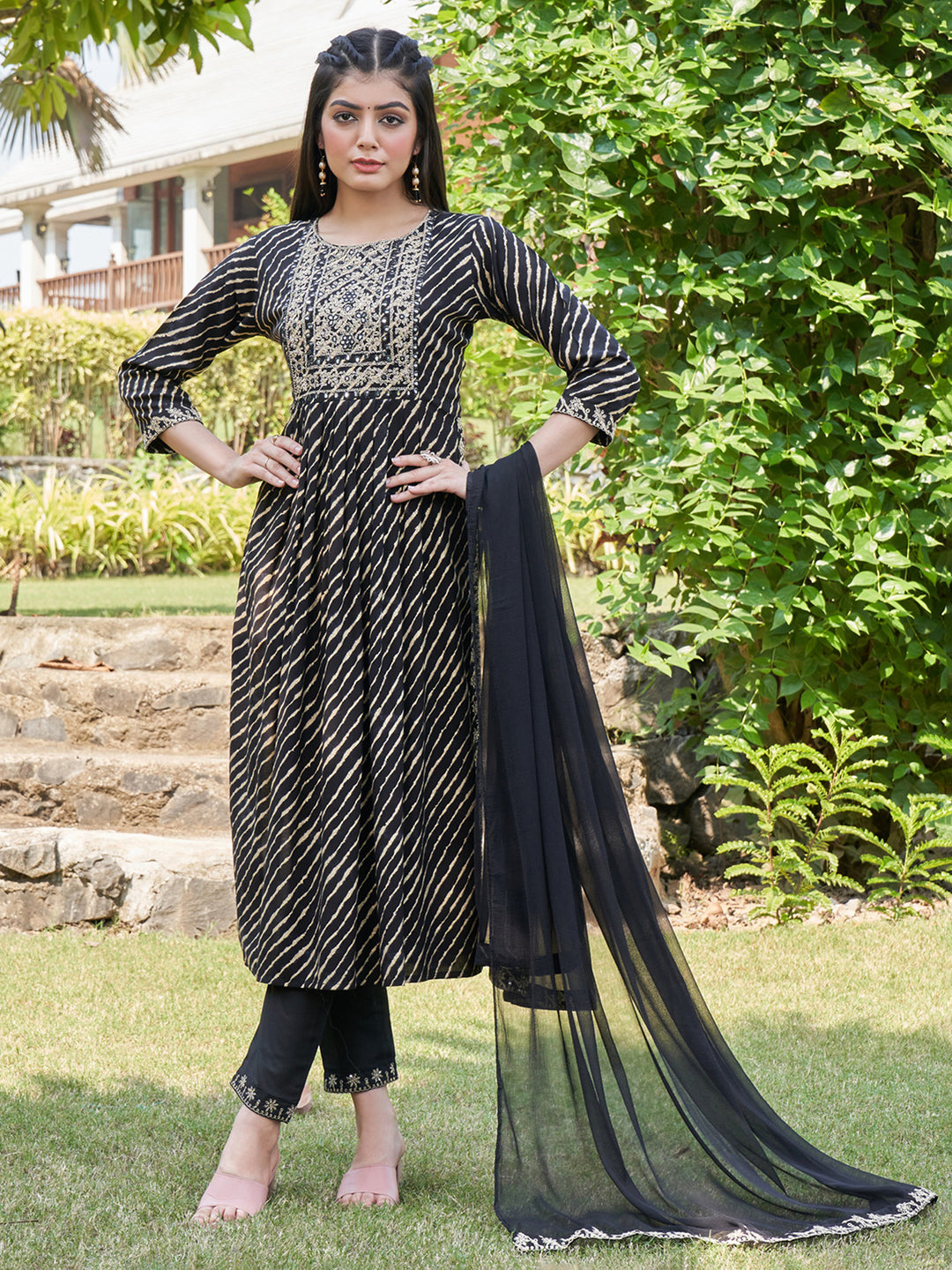 Indo Era Black Embroidered A-Line Kurta Trousers With Dupatta Set