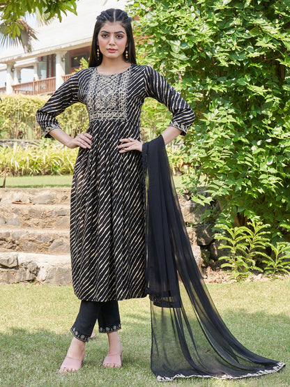 Indo Era Black Embroidered A-Line Kurta Trousers With Dupatta Set