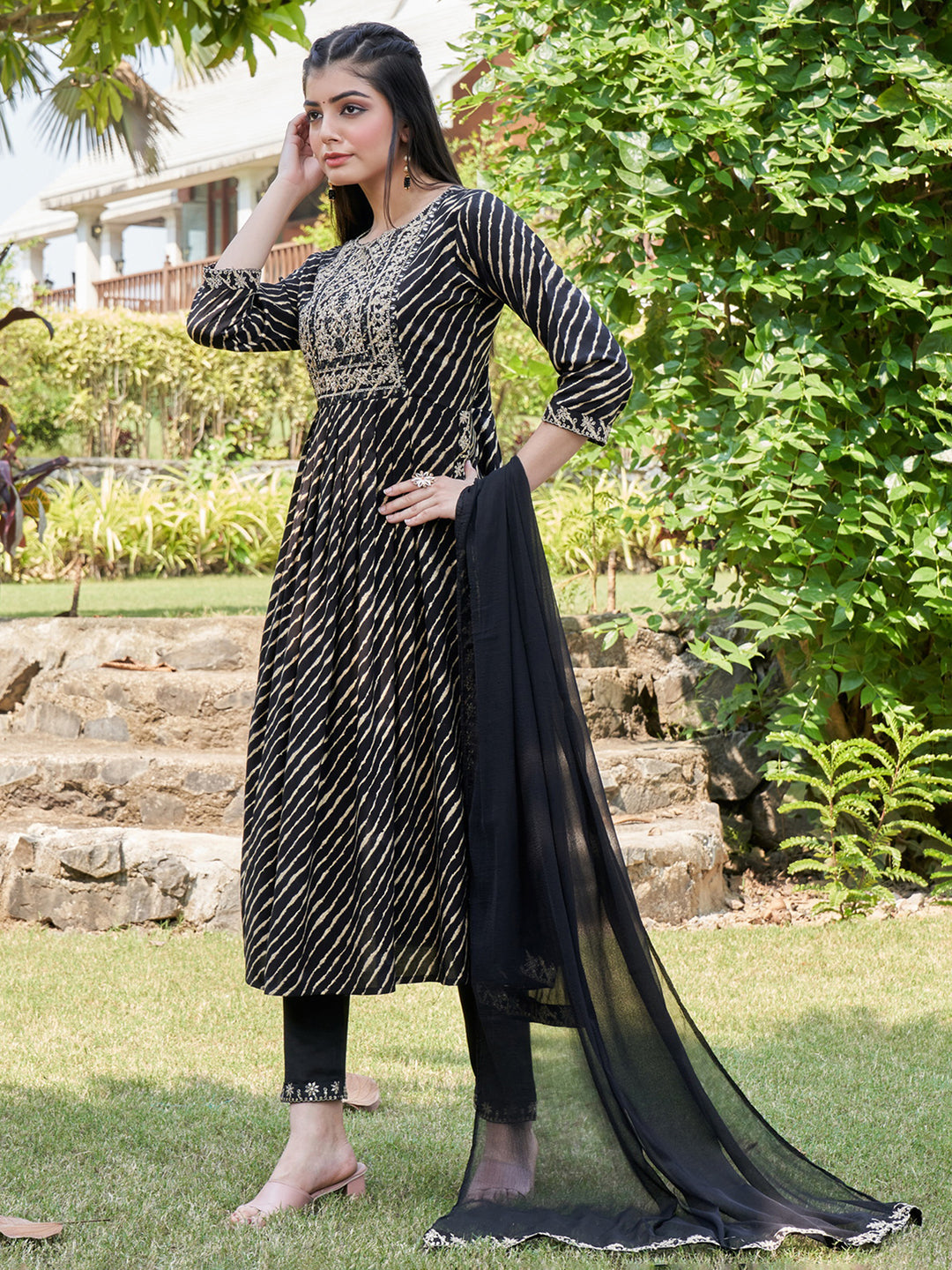 Indo Era Black Embroidered A-Line Kurta Trousers With Dupatta Set