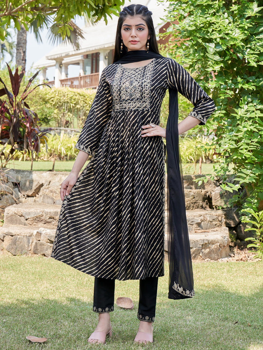Indo Era Black Embroidered A-Line Kurta Trousers With Dupatta Set