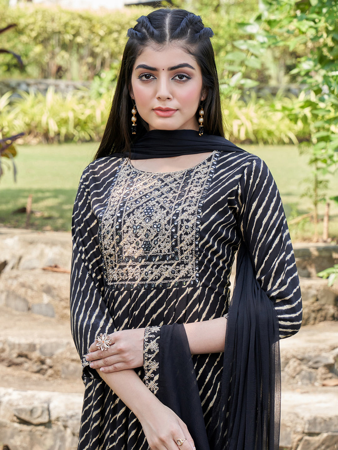 Indo Era Black Embroidered A-Line Kurta Trousers With Dupatta Set