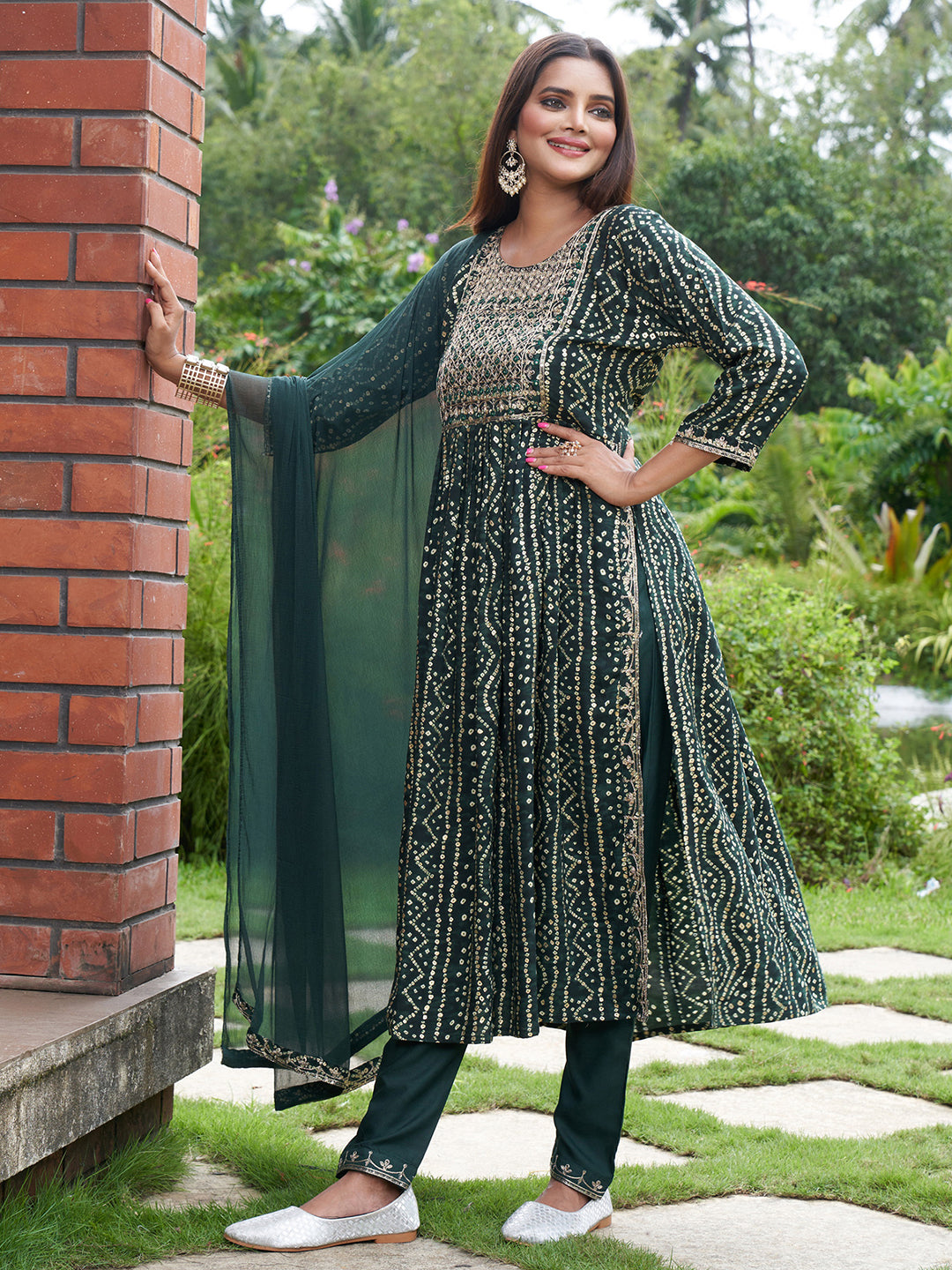 Indo Era Green Embroidered A-Line Kurta Trousers With Dupatta Set