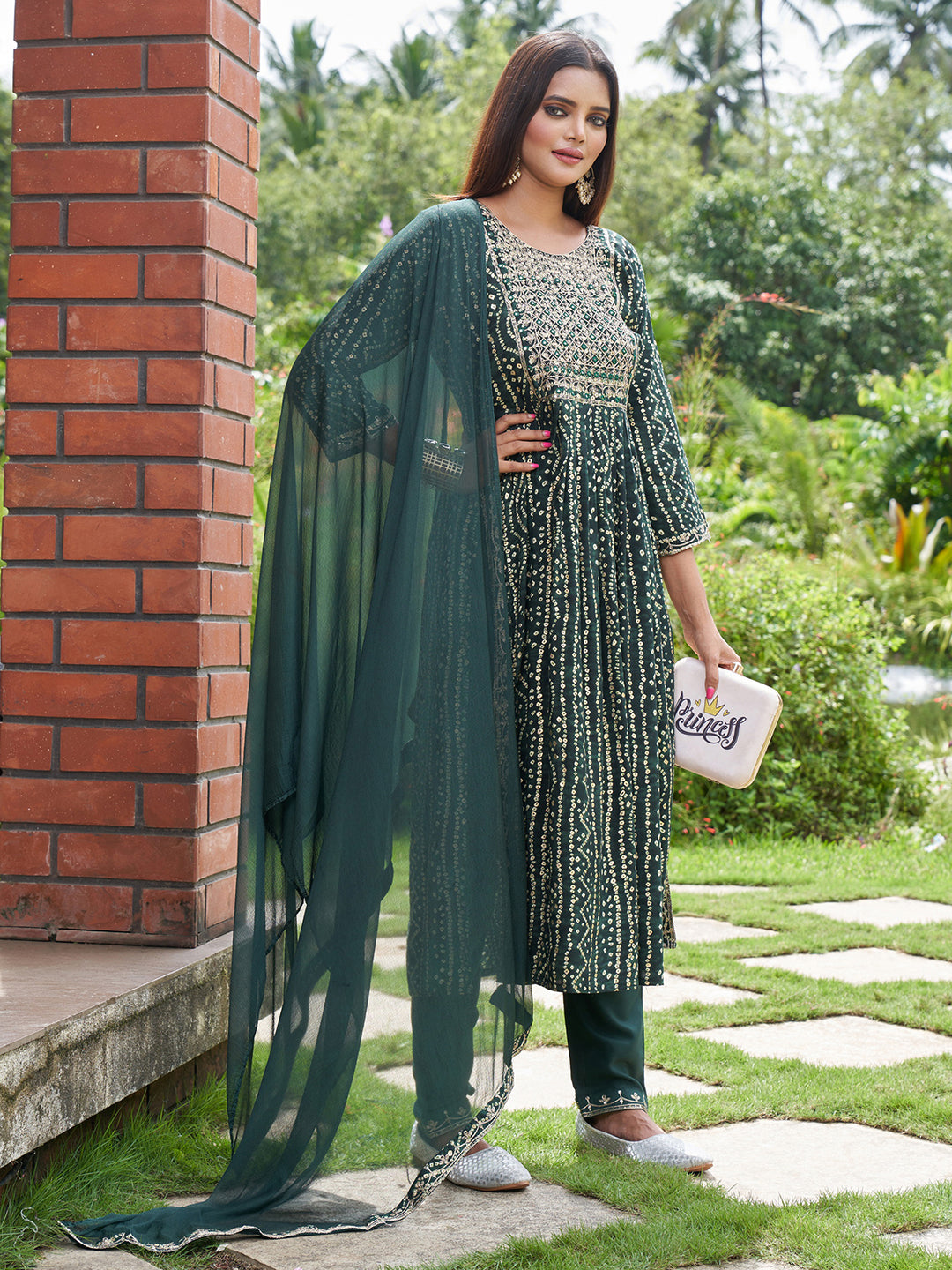 Indo Era Green Embroidered A-Line Kurta Trousers With Dupatta Set