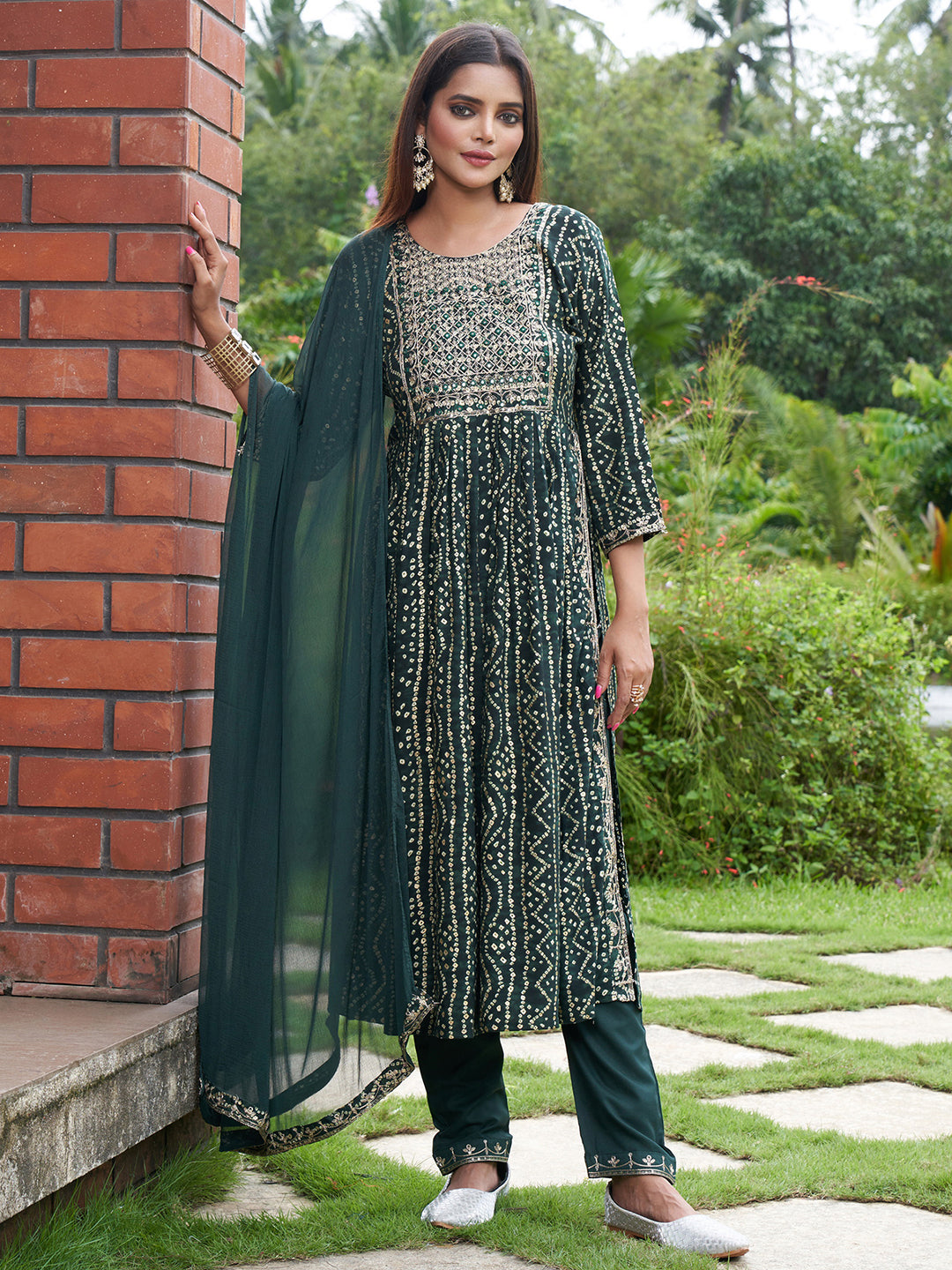 Indo Era Green Embroidered A-Line Kurta Trousers With Dupatta Set