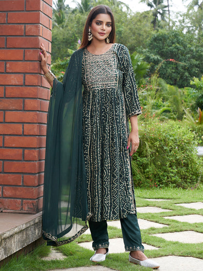 Indo Era Green Embroidered A-Line Kurta Trousers With Dupatta Set