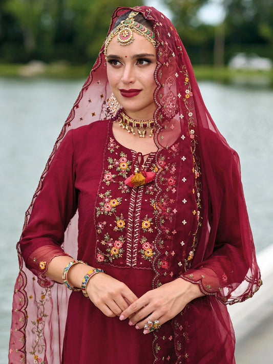 Indo Era Maroon Embroidered A-Line Kurta Trousers With Dupatta Set