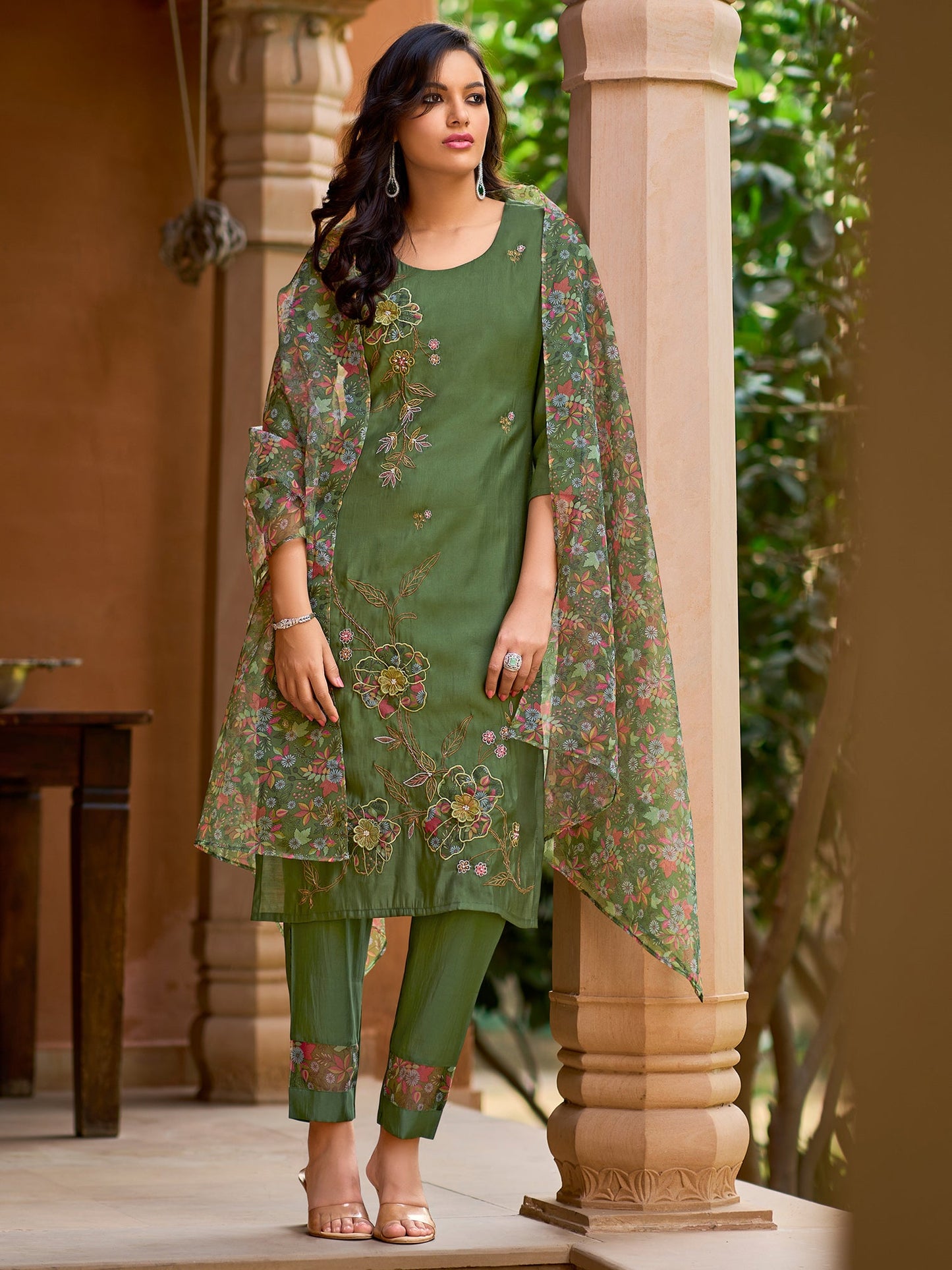 Indo Era Green Embroidered Straight Kurta Trousers With Dupatta Set
