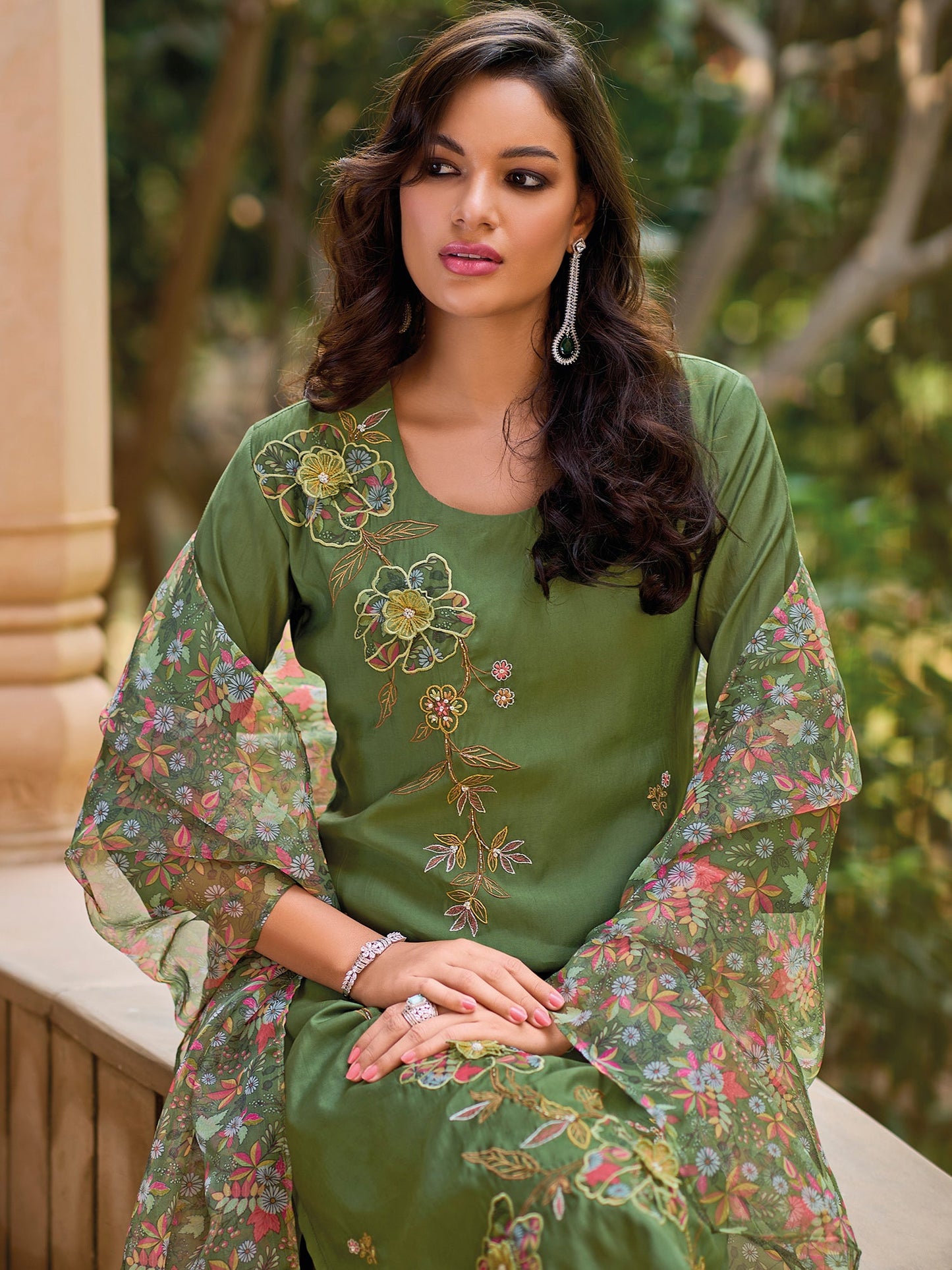 Indo Era Green Embroidered Straight Kurta Trousers With Dupatta Set