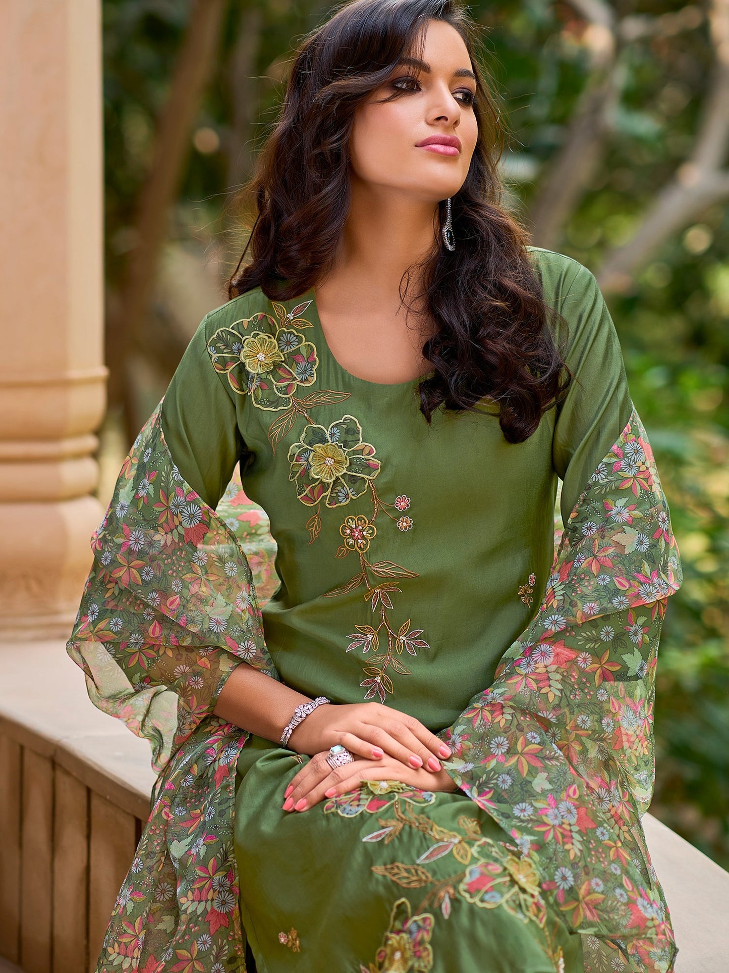 Indo Era Green Embroidered Straight Kurta Trousers With Dupatta Set