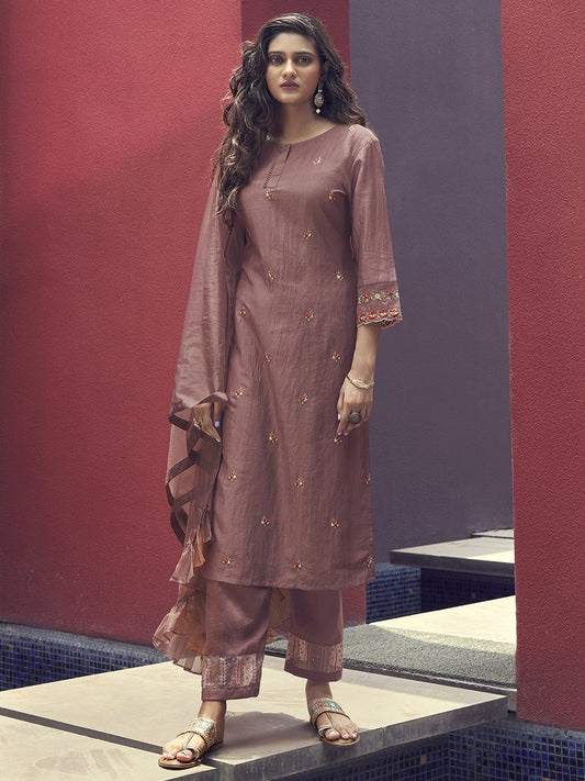 Mauve Embridered Straight Kurta Trouser With Dupatta Set