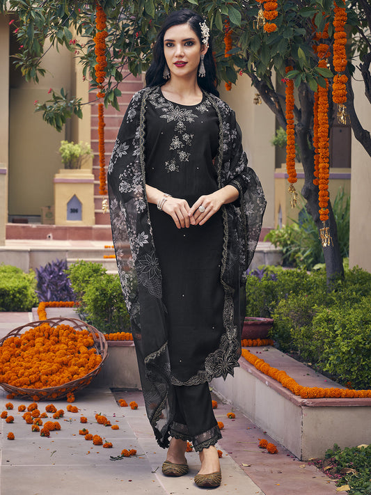 Indo Era Black & White Floral Embroidered Regular Kurta With Trousers & Dupatta