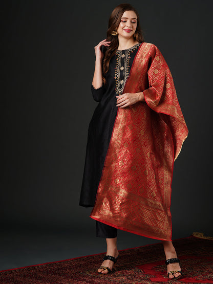 Indo Era Black Embroidered Straight Kurta Trouser With Dupatta Set