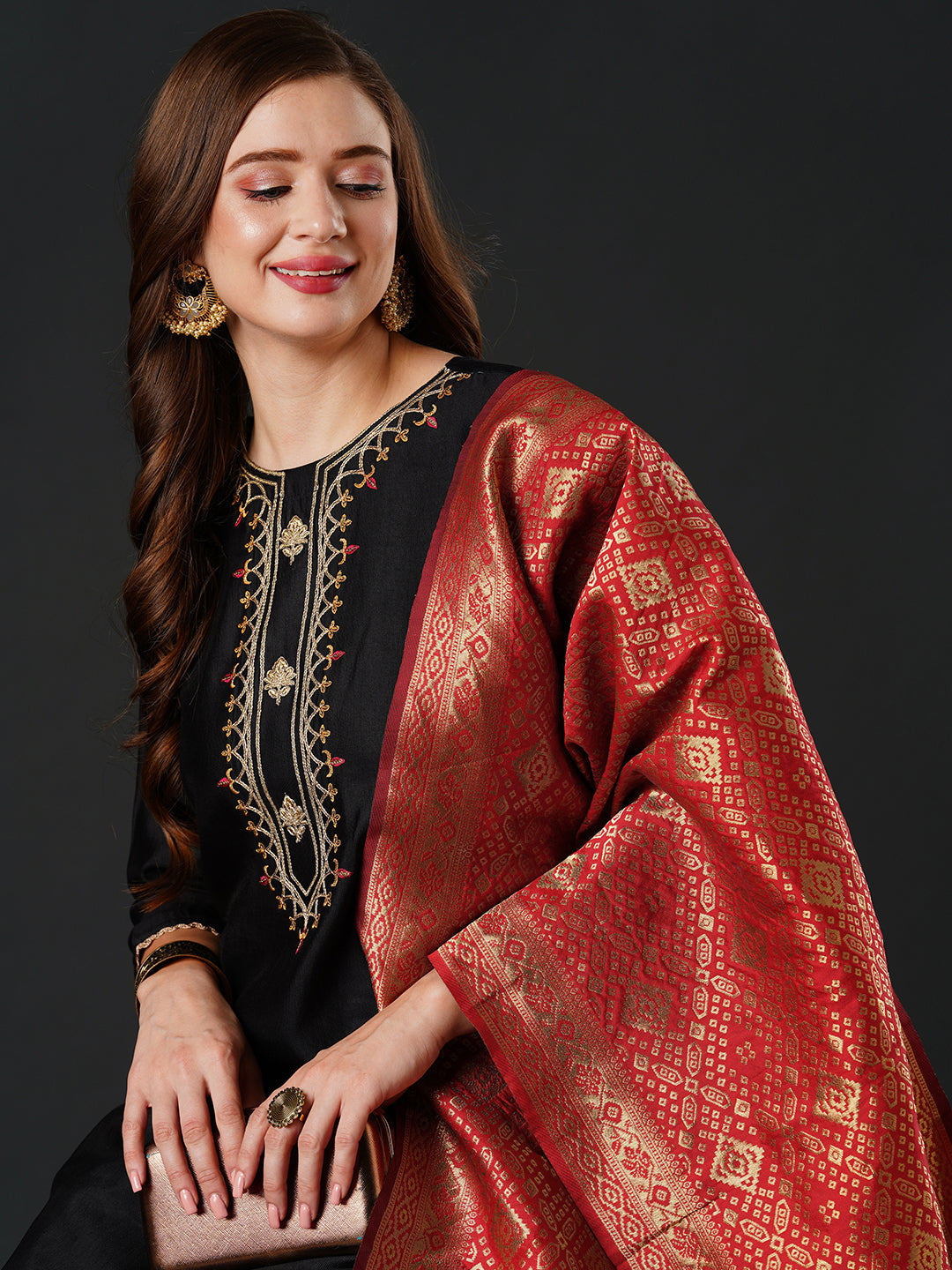 Indo Era Black Embroidered Straight Kurta Trouser With Dupatta Set