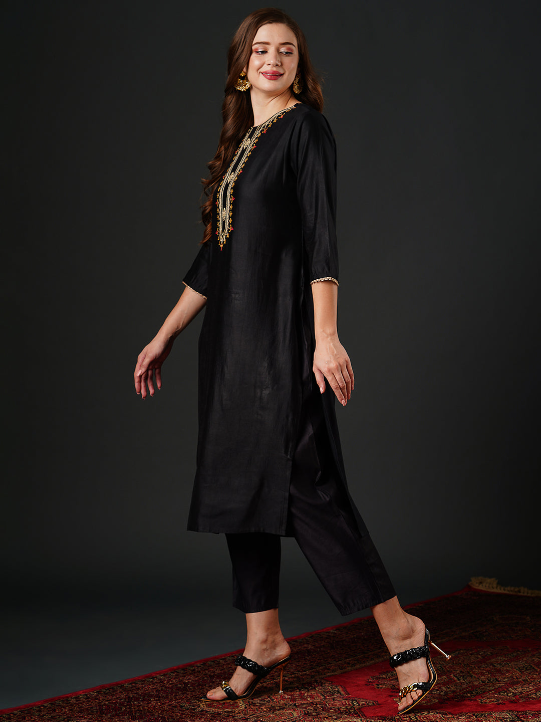 Indo Era Black Embroidered Straight Kurta Trouser With Dupatta Set