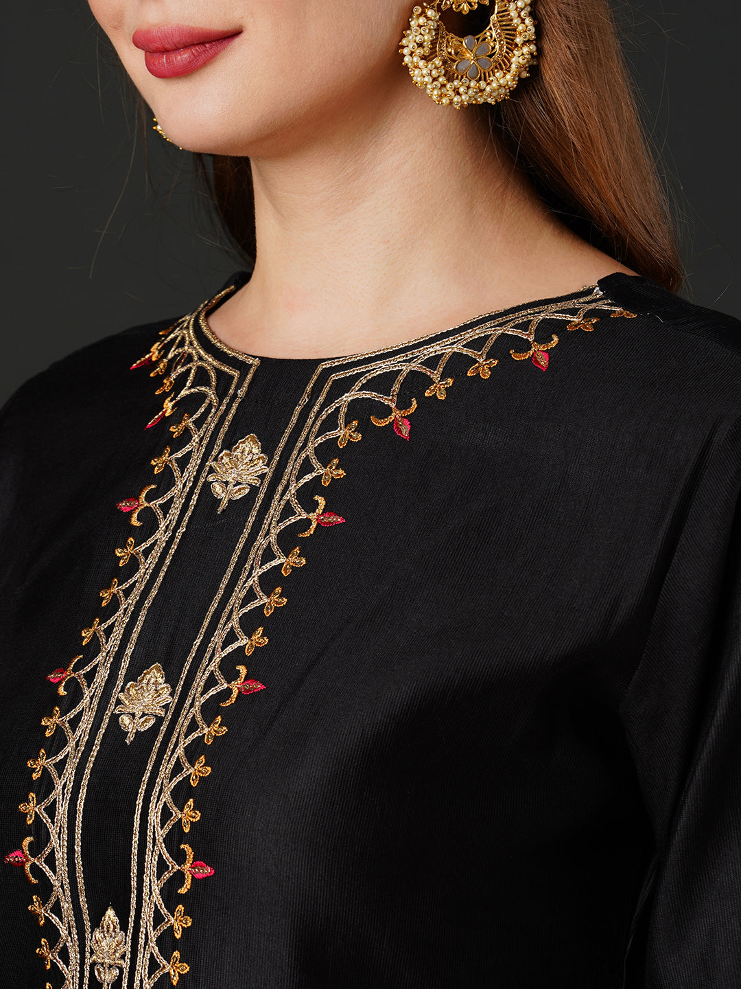 Indo Era Black Embroidered Straight Kurta Trouser With Dupatta Set