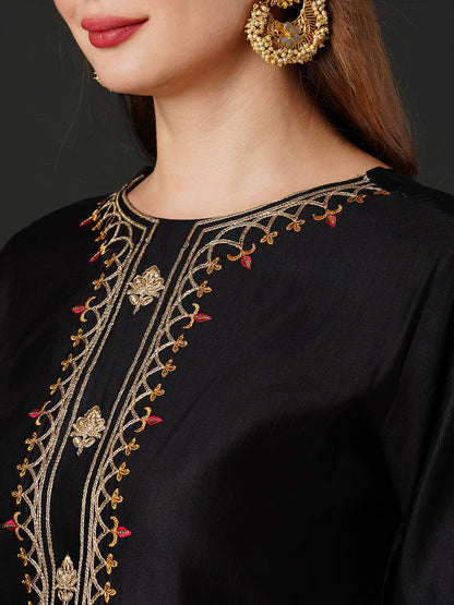 Indo Era Black Embroidered Straight Kurta Trouser With Dupatta Set