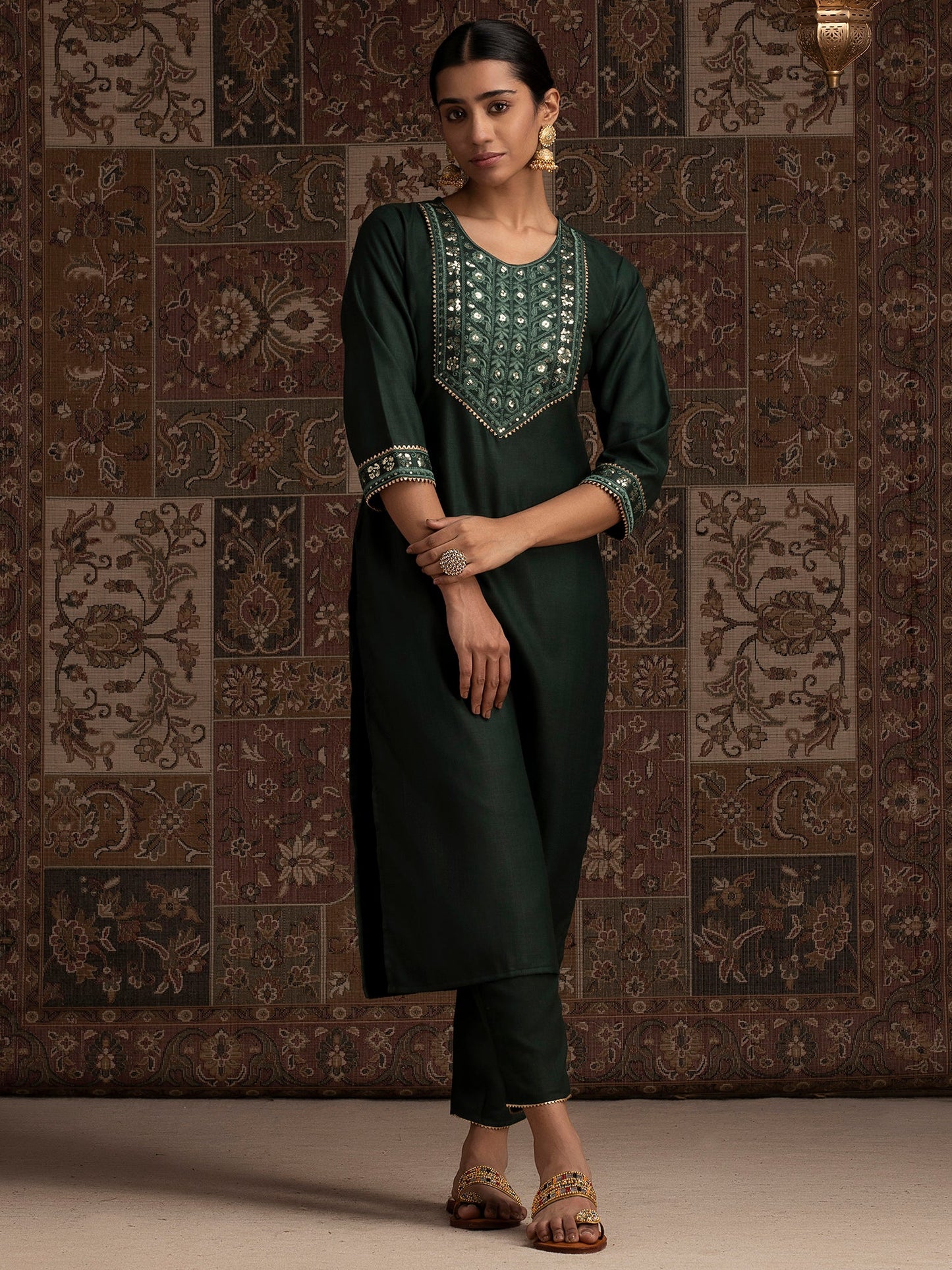 Indo Era Green Solid Straight Kurtas