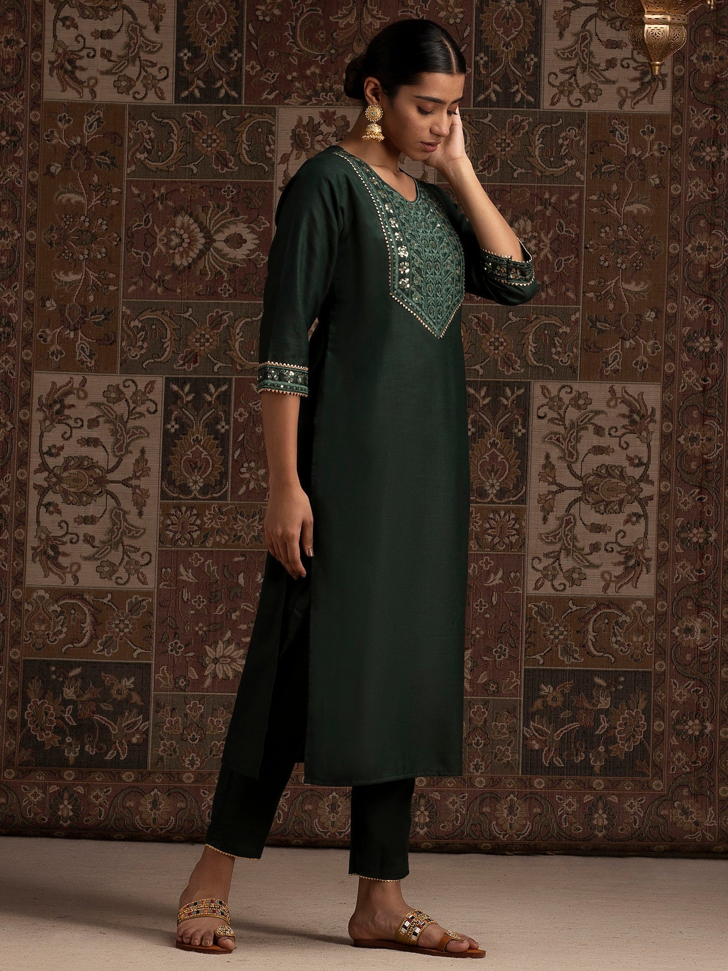 Indo Era Green Solid Straight Kurtas