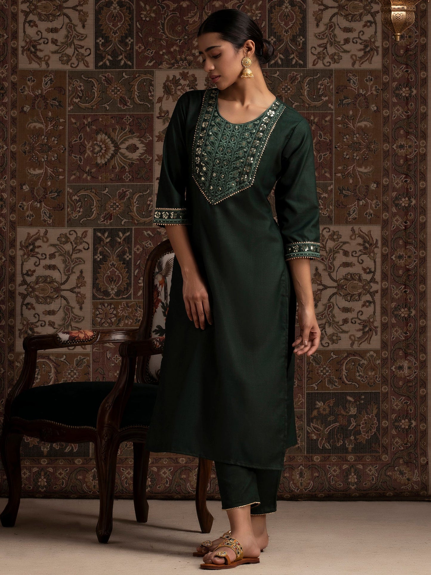 Indo Era Green Solid Straight Kurtas