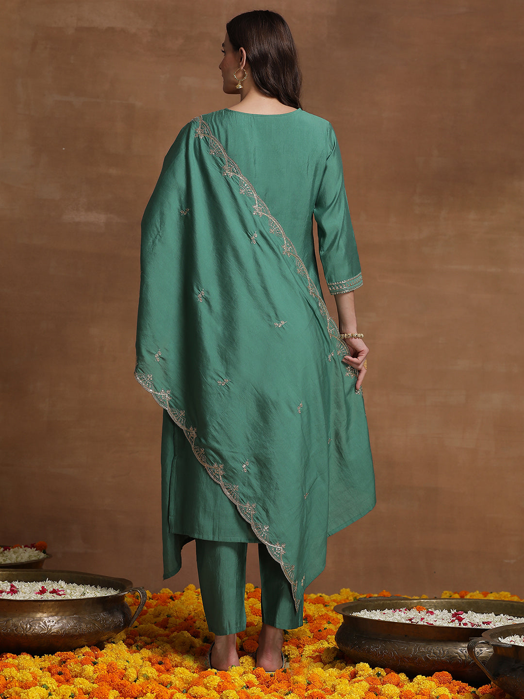 Indo Era Green Embroidered Straight Kurta Trousers With Dupatta  Set