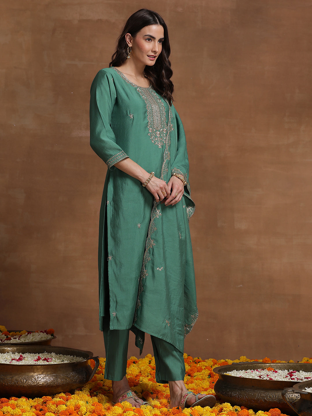Indo Era Green Embroidered Straight Kurta Trousers With Dupatta  Set