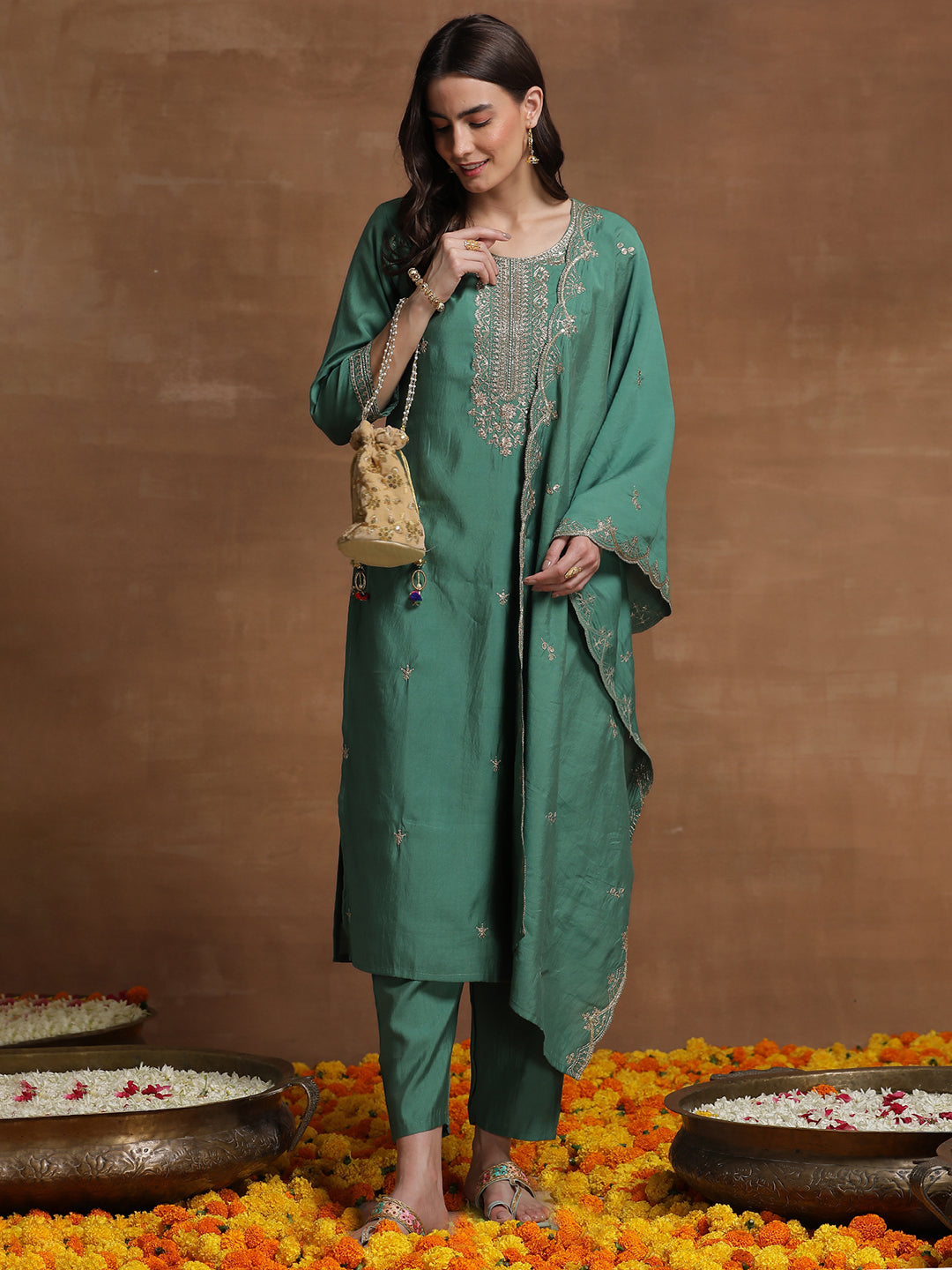 Indo Era Green Embroidered Straight Kurta Trousers With Dupatta  Set
