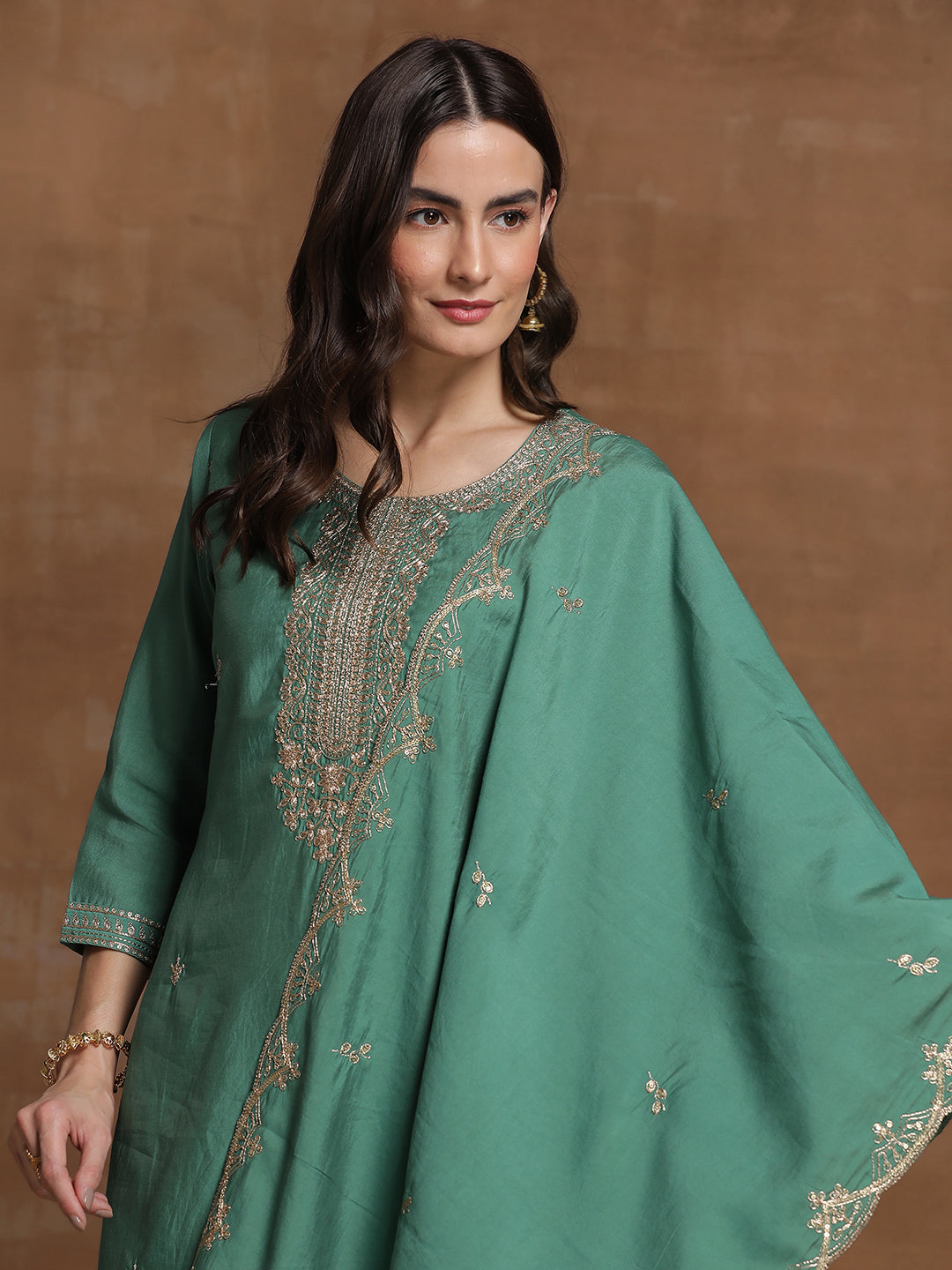 Indo Era Green Embroidered Straight Kurta Trousers With Dupatta  Set