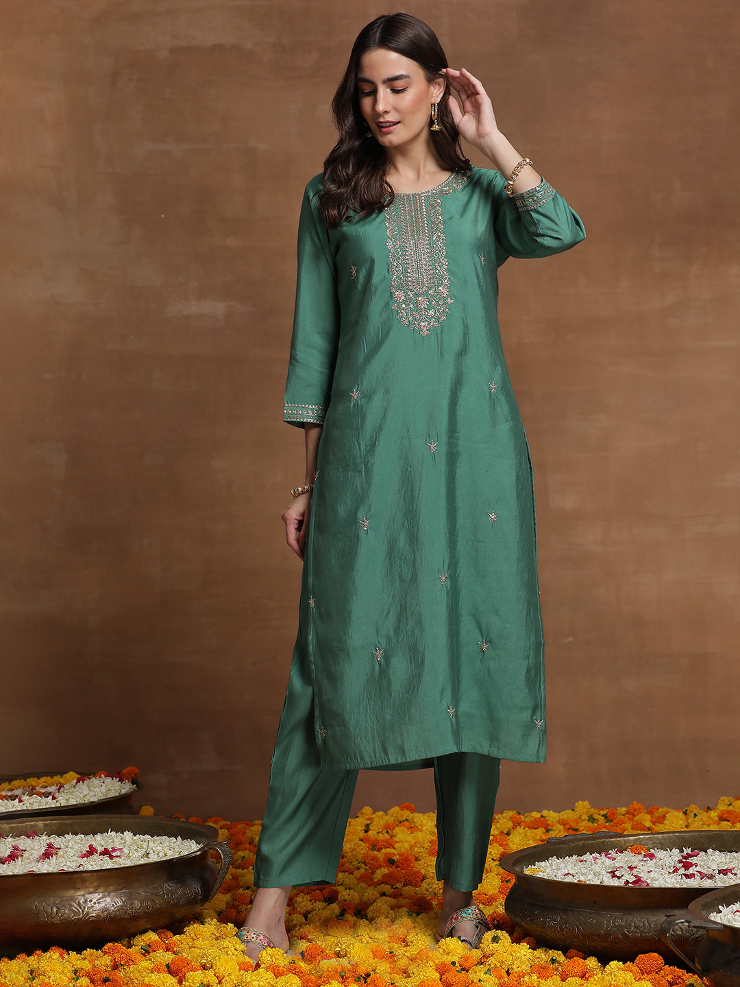 Indo Era Green Embroidered Straight Kurta Trousers With Dupatta  Set