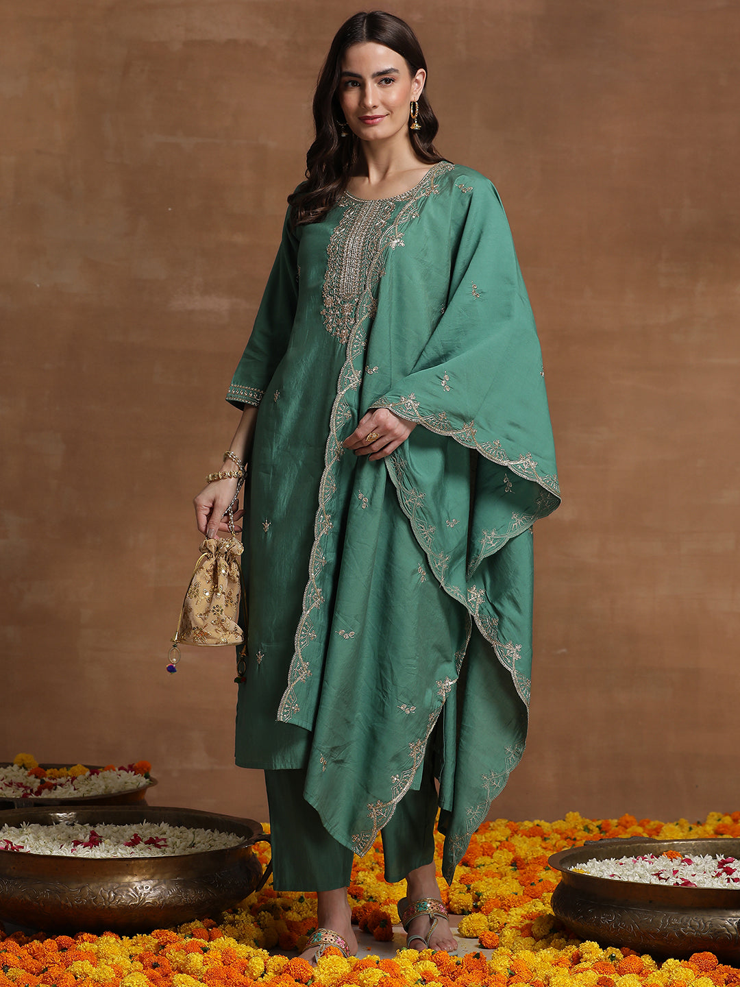 Indo Era Green Embroidered Straight Kurta Trousers With Dupatta  Set
