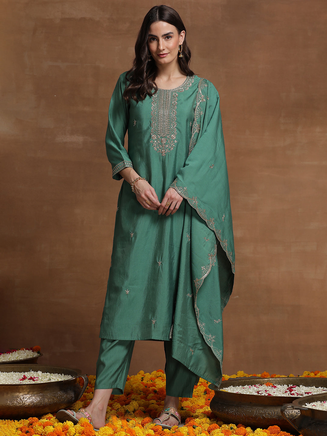 Indo Era Green Embroidered Straight Kurta Trousers With Dupatta  Set