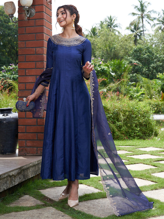 Blue Embroidered A-line Kurta With Dupatta Set