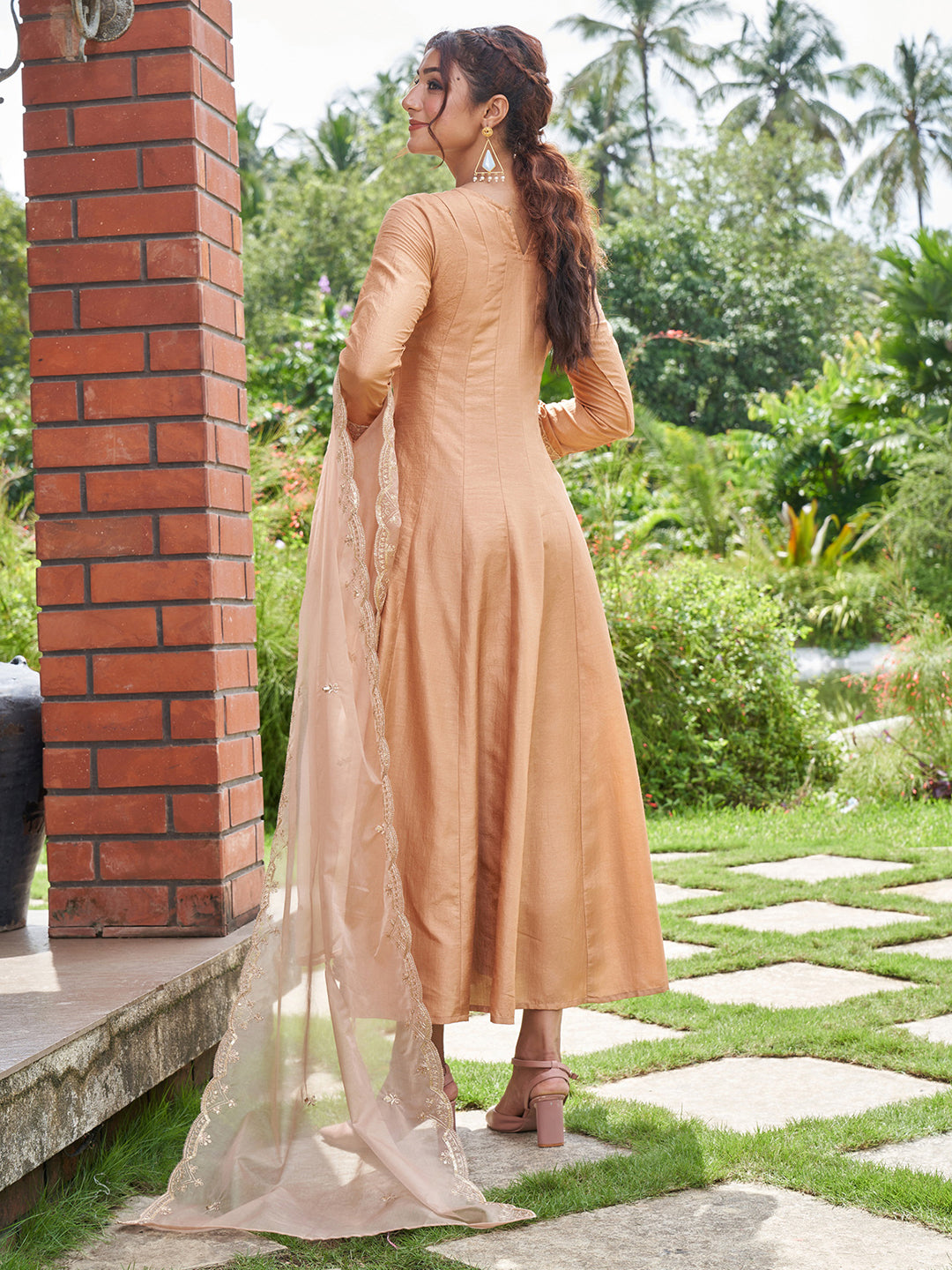 Indo Era Brown Embroidered A-line Kurta With Dupatta Set