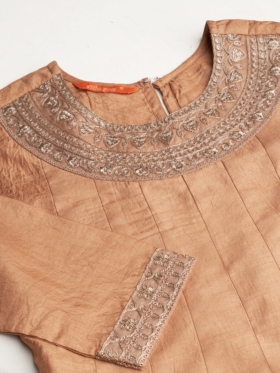 Indo Era Brown Embroidered A-line Kurta With Dupatta Set
