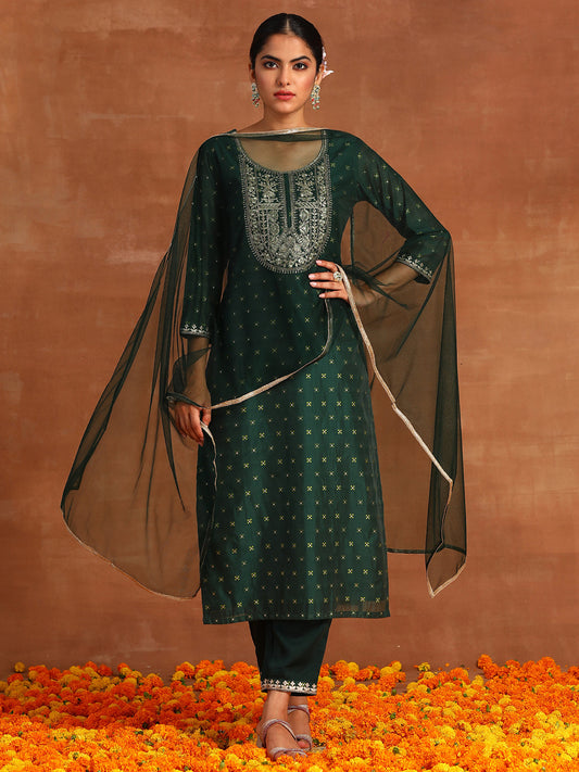 Indo Era Green Embroidered Straight Kurta Trousers With Dupatta Set