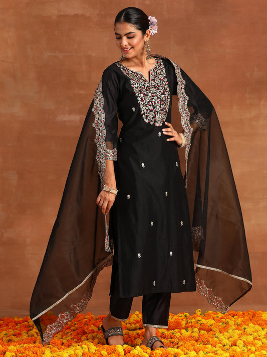 Indo Era Black Embroidered Straight Kurta Trousers With Dupatta Set