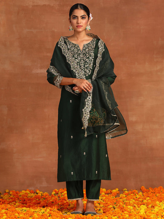 Indo Era Green Embroidered Straight Kurta Trousers With Dupatta Set