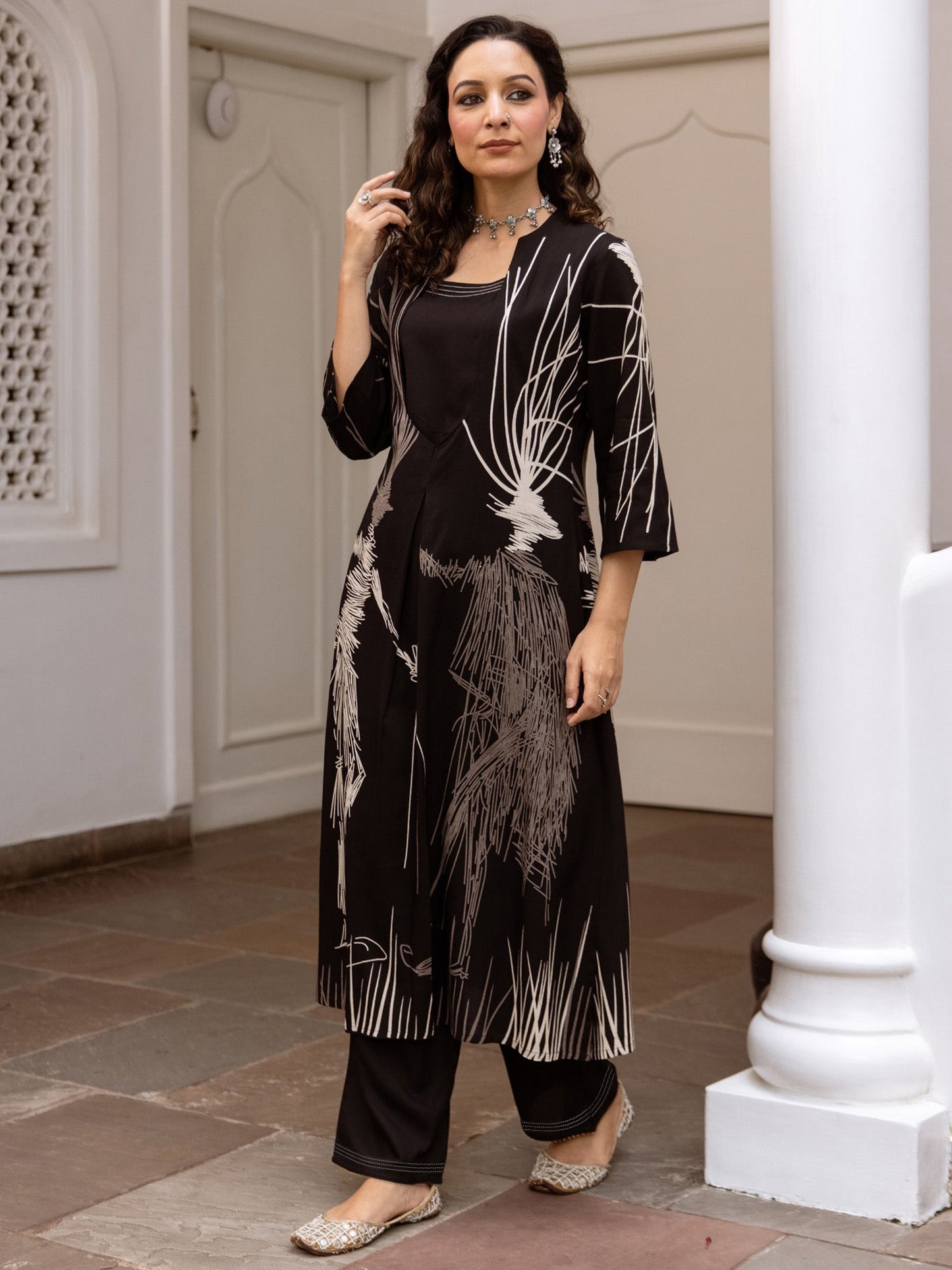 Indo Era Black Printed Straight Kurta Trousers set