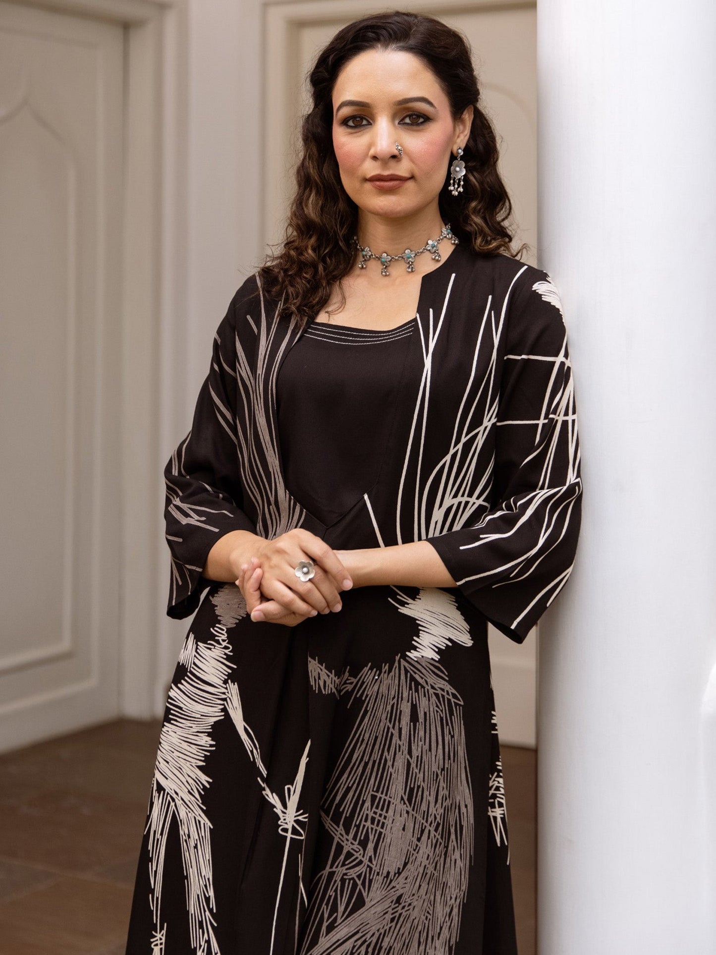 Indo Era Black Printed Straight Kurta Trousers set