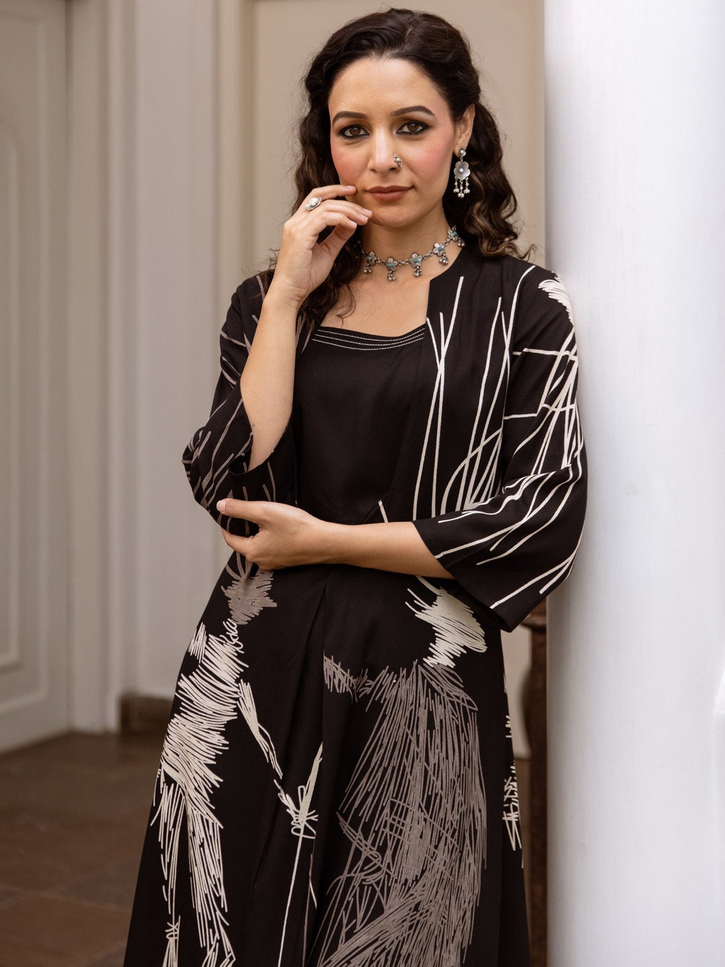 Indo Era Black Printed Straight Kurta Trousers set