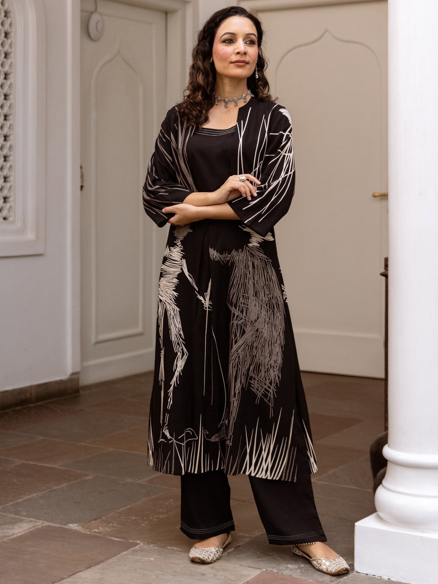 Indo Era Black Printed Straight Kurta Trousers set