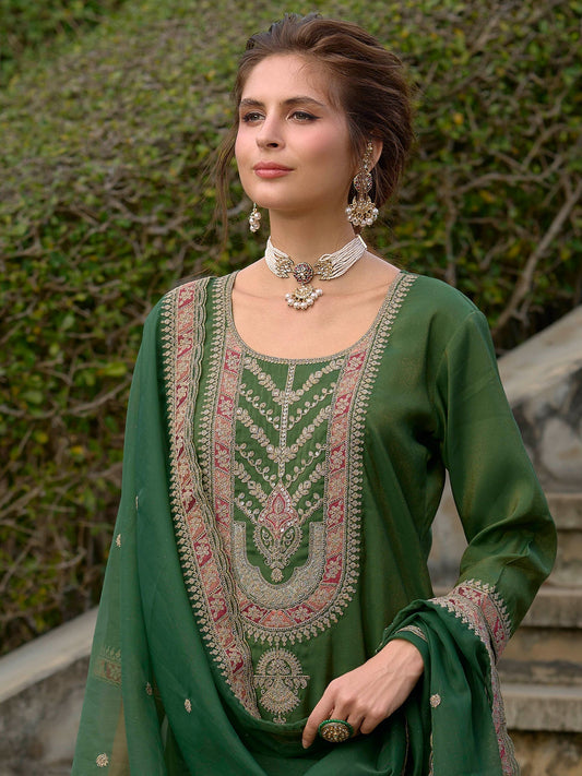 Green Embroidered Straight Kurta Trousers With Dupatta Set