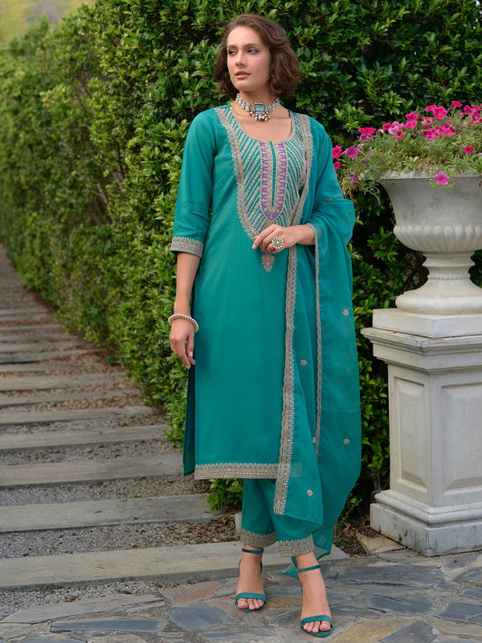 Blue Embroidered Straight Kurta Trousers With Dupatta Set