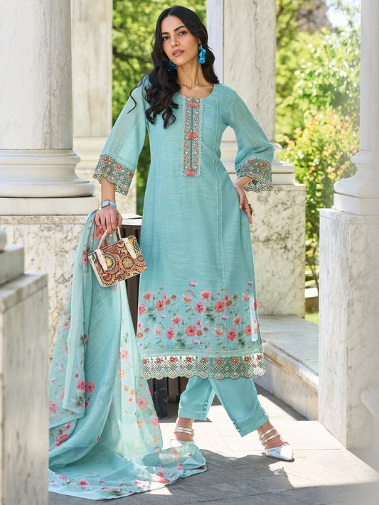 Blue Embroidered Straight Kurta Trousers With Dupatta Set