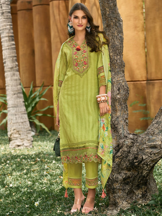 Green Embroidered Straight Kurta Trousers With Dupatta Set