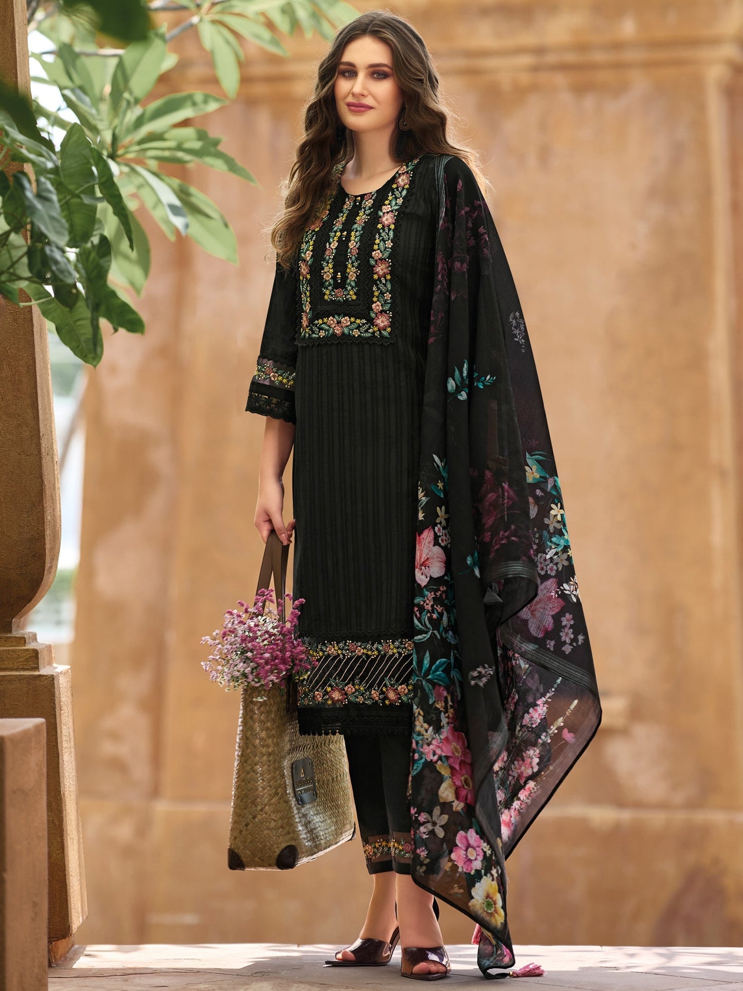 Black Embroidered Straight Kurta Trousers With Dupatta Set