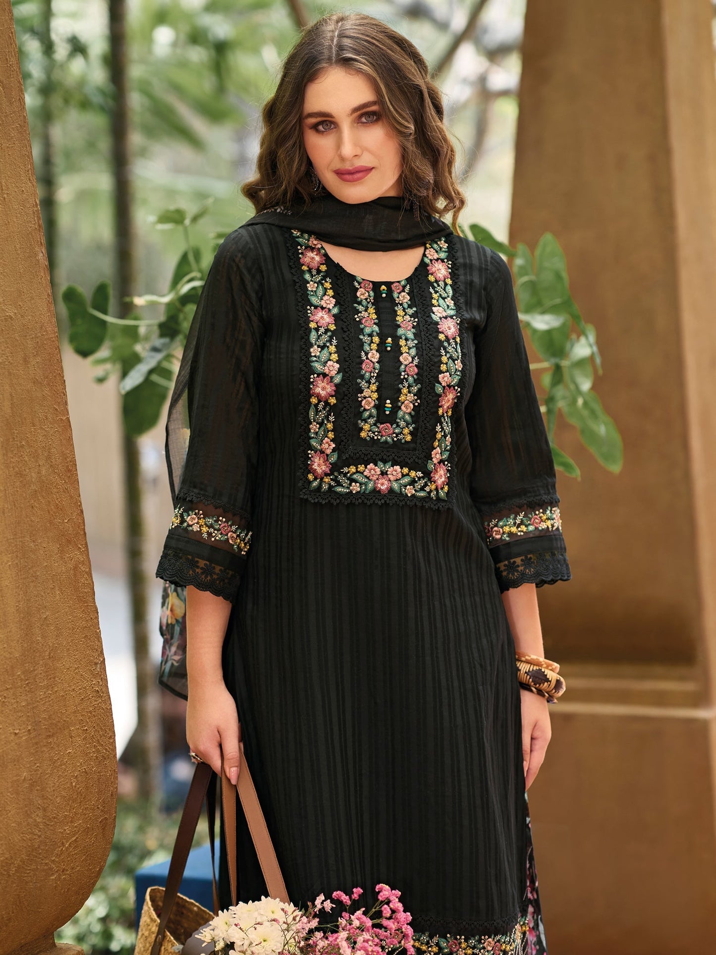 Black Embroidered Straight Kurta Trousers With Dupatta Set
