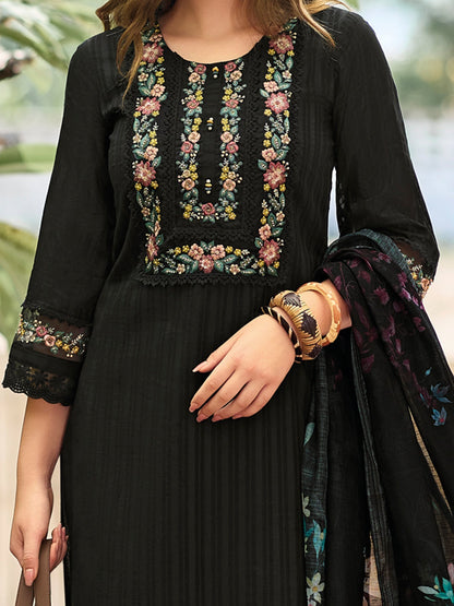 Black Embroidered Straight Kurta Trousers With Dupatta Set