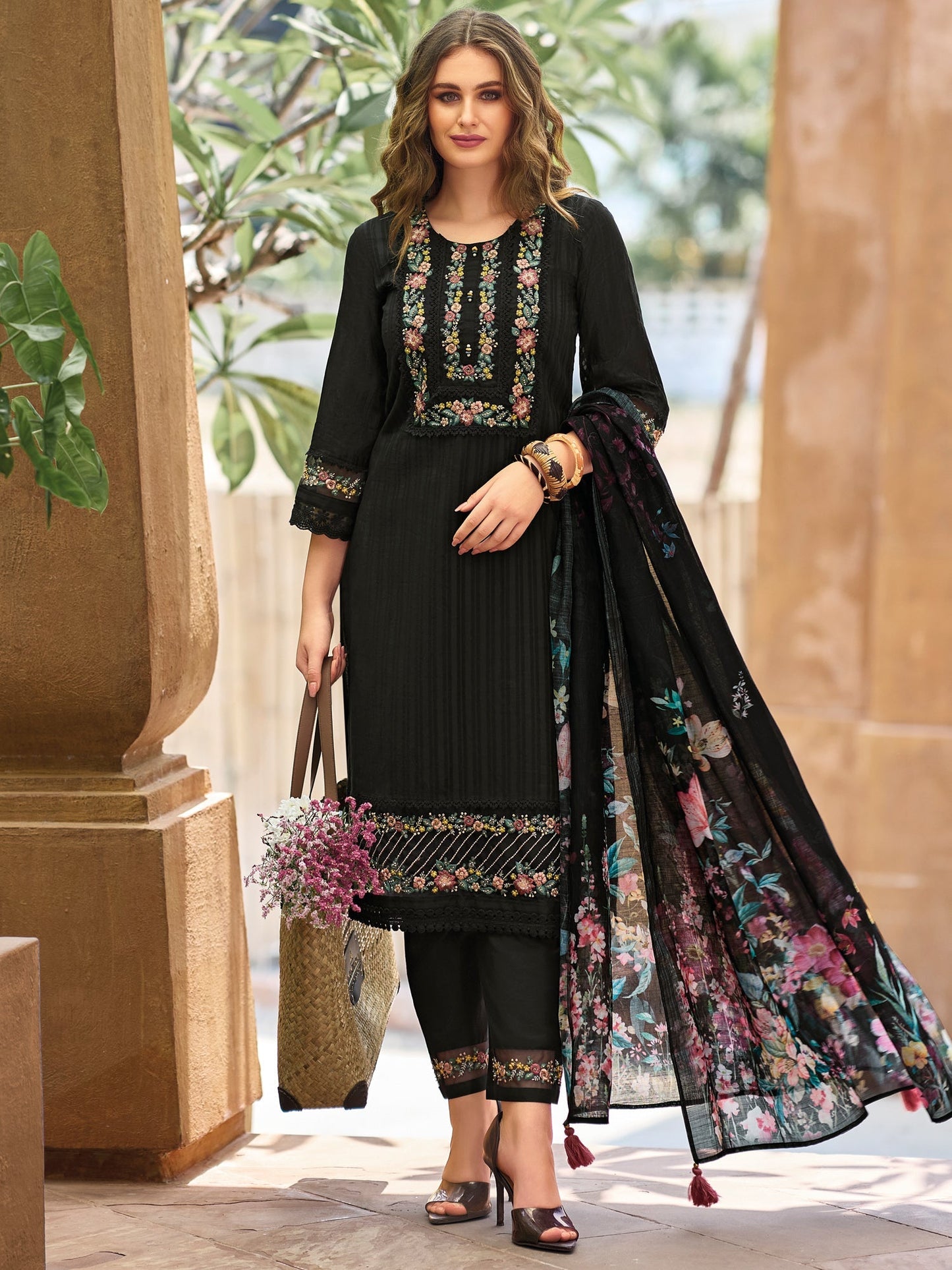 Black Embroidered Straight Kurta Trousers With Dupatta Set