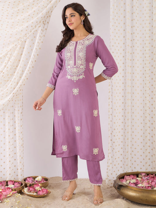 Lavender Embroidered Straight Kurta Trousers  Set